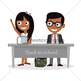 Schoolgirl and schoolboy sitting at Desk and raise my hand in class.