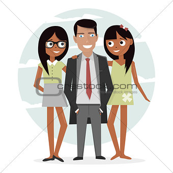 Man surrounded by two beautiful girls. Successful businessman in a suit, macho and handsome. Attractive guy on vacation.