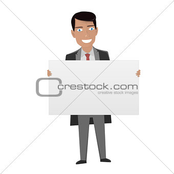 White Board for business. Man in the suit holding blank sign.