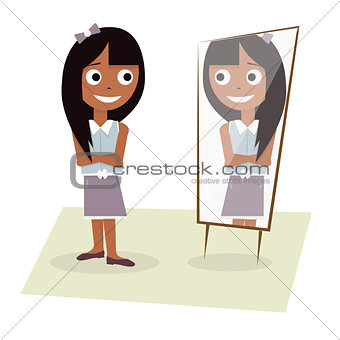 Illustration of a young girl stands before the mirror.