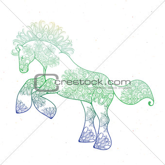 Antistress linear page with horse. Zentangle animal for colouring book, greeting card, mandala decoration element, art therapy.