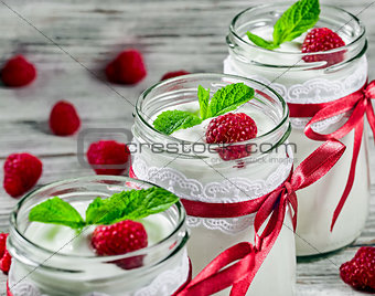 tasty yogurt with raspberries and mint in a glass jars, selectiv
