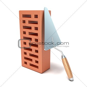 Brick with trowel for construction. 3D