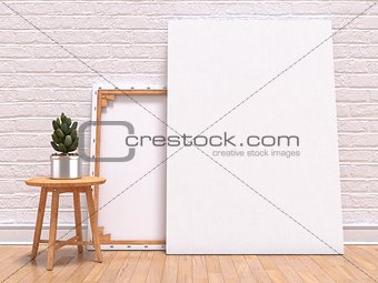 Mock up canvas frame with plant, floor and wall. 3D