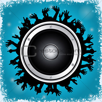 Loudspeaker and crowd on blue background