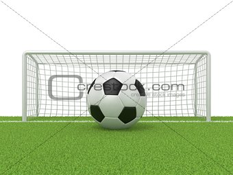 Football - soccer ball in front of goal gate on grass. 3D