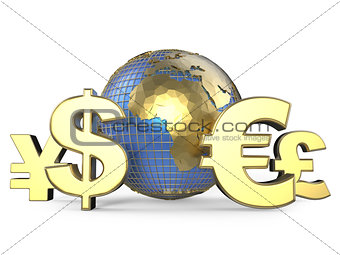 Gold currency symbols around the globe. 3D