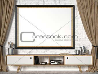 Mock up picture frame with brown curtains. 3D