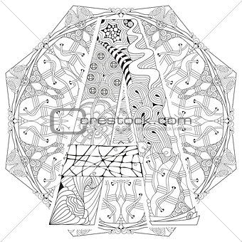 Mandala with letter A for coloring. Vector decorative zentangle