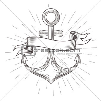 Emblem with vintage anchor and wavy banner