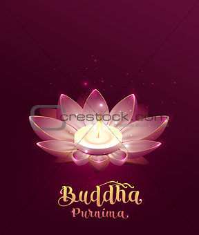 Buddha Purnima Vesak day lettring text greeting card. Lotus flower and burning candle