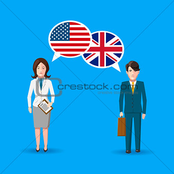 People with white speech bubbles with American and Great britain flags. English language conceptual illustration