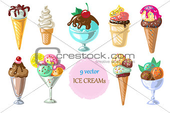 Collection of 9 vector ice cream illustrations isolated on white