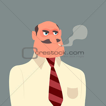 Funny cartoon character of angry boss smoking cigarette