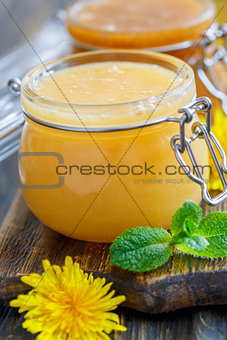 Flower honey in glass jar.