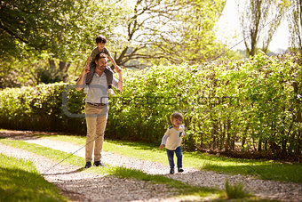 Father And Sons Going For Walk In Summer Countryside