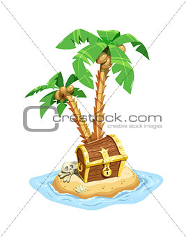 Pirates treasure island with chest and palms.