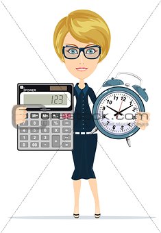 Woman holding an electronic calculator and alarm clock