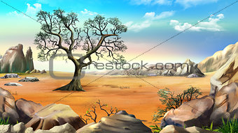 Lonely Tree in the Hills against Blue Sky