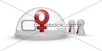female symbol under glass dome and pawns with tie - 3d rendering