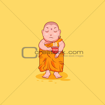 Sticker emoji emoticon emotion vector isolated illustration unhappy character cartoon Buddha nervous with cup of coffee