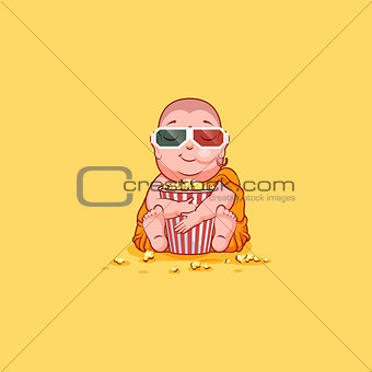 Sticker emoji emoticon emotion vector isolated illustration unhappy character cartoon Buddha chewing popcorn watching movie