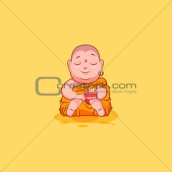 Sticker emoji emoticon emotion vector isolated illustration unhappy character cartoon Buddha woke up with cup of coffee