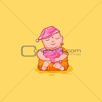 Sticker emoji emoticon emotion vector isolated illustration unhappy character cartoon sleepy Buddha sit in nightcap with pillow