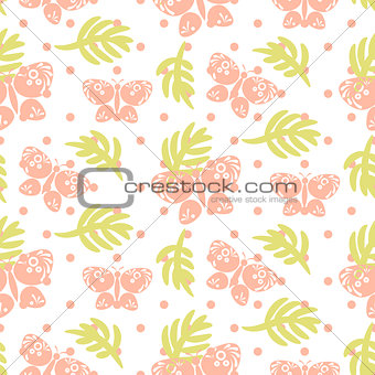 Pink palm leaves and butterflies seamless vector pattern.