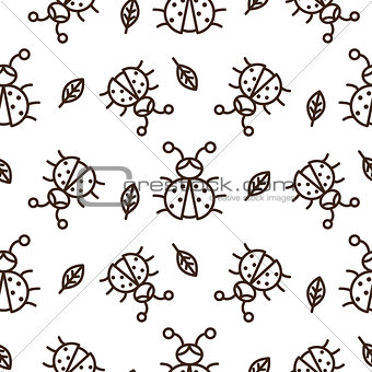 Ladybug and outline leaves on white seamless vector pattern.
