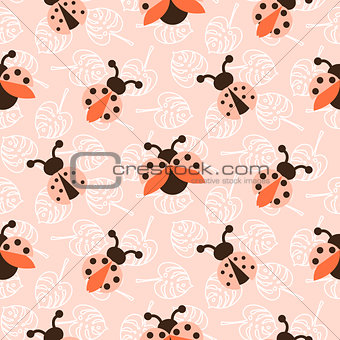 Ladybug pink cartoon seamless vector pattern.