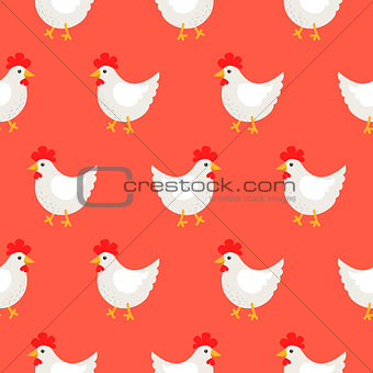 White rooster cute rural seamless vector pattern.