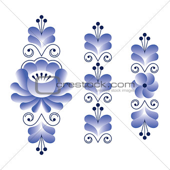 Russian folk art pattern - Gzhel ceramics style, blue floral long stripes