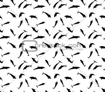 Seamless pattern of black dolphins in different variants jump, 