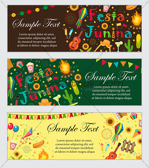 Festa Junina banner set with space for text. Brazilian Latin American festival template for your design with traditional symbols. Vector illustration.