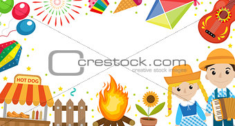 Festa Junina banner with space for text. Brazilian Latin American festival template for your design with traditional symbols. Vector illustration.