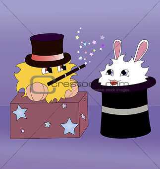 A cartoon magician and a rabbit inside a magic hat