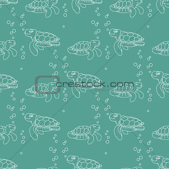 Vector seamless pattern. Silhouette cute cartoon sea Turtle.