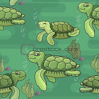 Vector seamless pattern. Cute cartoon green sea Turtle.