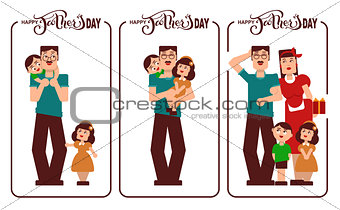 Happy Fathers Day. Dad, mom and kids happy family. Lettering text for template greeting card