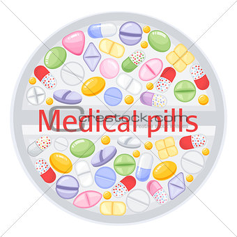 Tablet design of different colorful pills.Medicine painkiller pills, pharmaceutical antibiotics drugs vector. Set of color pills, illustration of antibiotic and vitamin pill. vector illustration