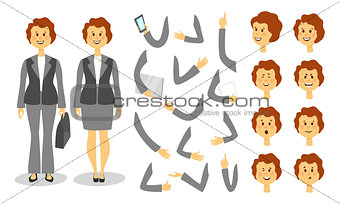 Businesswoman character creation set. Icons with different types of faces and hair style, emotions, front, rear, side view of male person. Moving arms, legs. Vector illustration