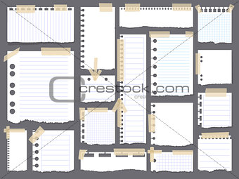 Pieces of torn white blank lined note paper with colorful sticky tape on gray background