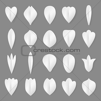 Vector paper flowers petal and leaves set. 3d origami abstract flower icons illustration