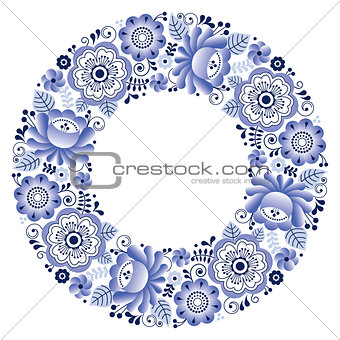 Russian ceramics Gzhel round folk art pattern - floral plate design