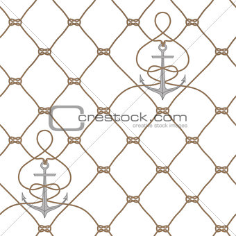 Nautical rope seamless fishnet and anchors pattern