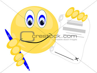 Emoji holding pen with paper to sign
