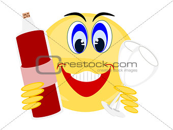 Emoji smiling holding red wine bottle and two empty glasses