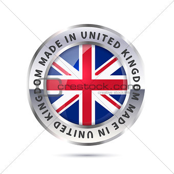 Metal badge icon, made in United Kingdom with flag