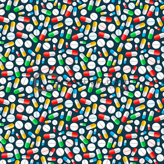 Colourful pills on dark background, seamless pattern